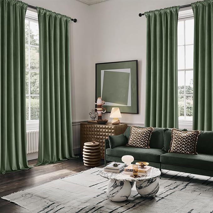 MIULEE Velvet Curtains 90 Inches Long 2 Panels Set for Bedroom, Pinch Pleat Back Tab Luxury Thermal Insulated Living Room Darkening Drapes Pleated Blackout Window Curtains with Hooks, Olive Green