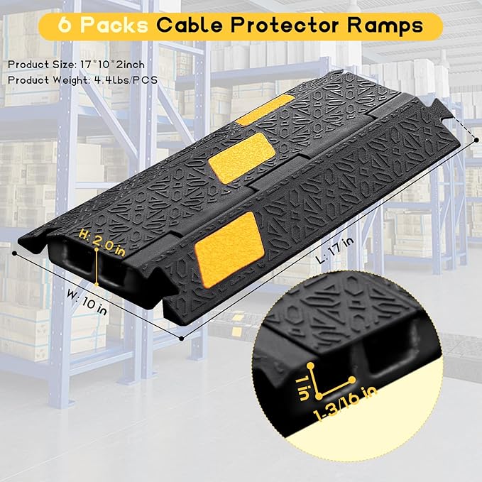 Cable Protector Ramp 6 Packs - 2 Channels Driveway Hose Protector with 6000 LBS Capacity Rubber Modular Cable Ramp for Garden Hose Wire Cord, Drive Over Cover Protector