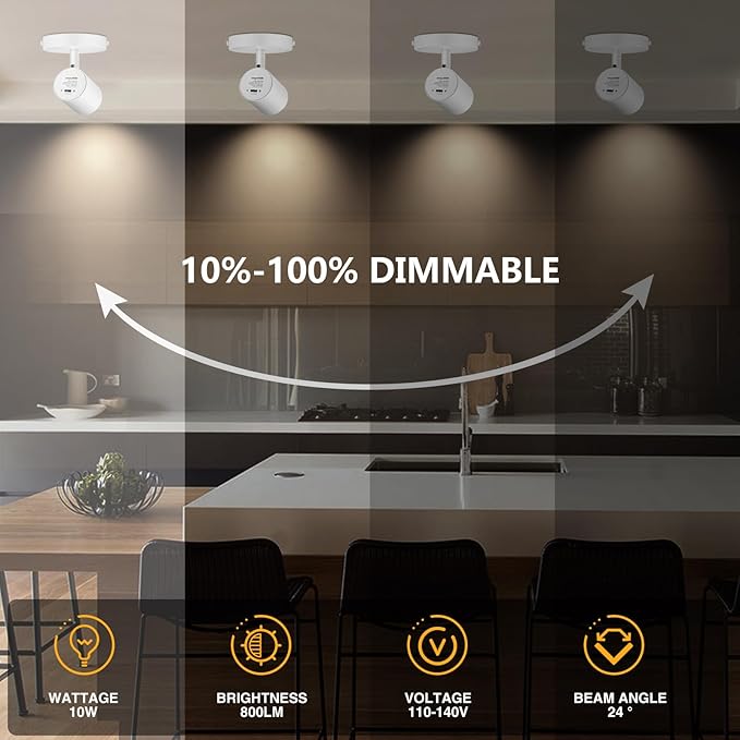 VANoopee 5-Color Dimmable Ceiling Spotlight Flush Mount Adjustable Directional LED Spot Lights Indoor Bright Accent Fixture for Art Picture Living Room - CRI90 24° Flicker Free 10W 800lm White 2 Pack