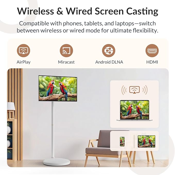 27" Smart Portable TV on Wheels, 16-Hours Playtime, Rolling TV with 8GB+128GB, Android 14, EDLA-Certified Touch Screen Monitor, 13 MP Camera, Remote & Voice Control