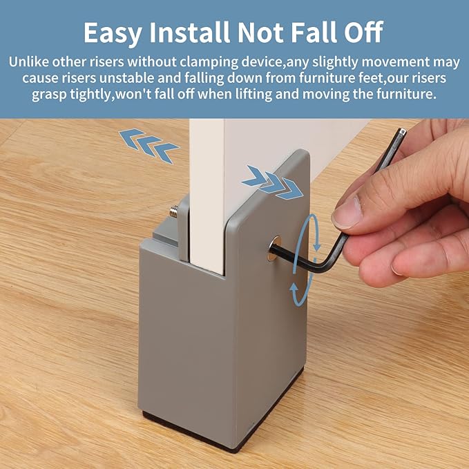 Bed Risers with Adjustable Screw Clamp, Fits Thickness of Furniture Frame from 0 to 1.5 Inch, Elevation in Heights 4" Heavy Duty Risers for Table Cabinet Dresser Support up to 5000lbs (4Pack, Grey)