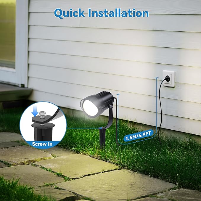 HIBOITEC 12W Spot Lights Outdoor 120V Landscape Lighting Waterproof Spotlight with 4.9ft 3-Plug LED Plug in Landscape Lights for Yard Gardern Decorations 5000K 2Packs