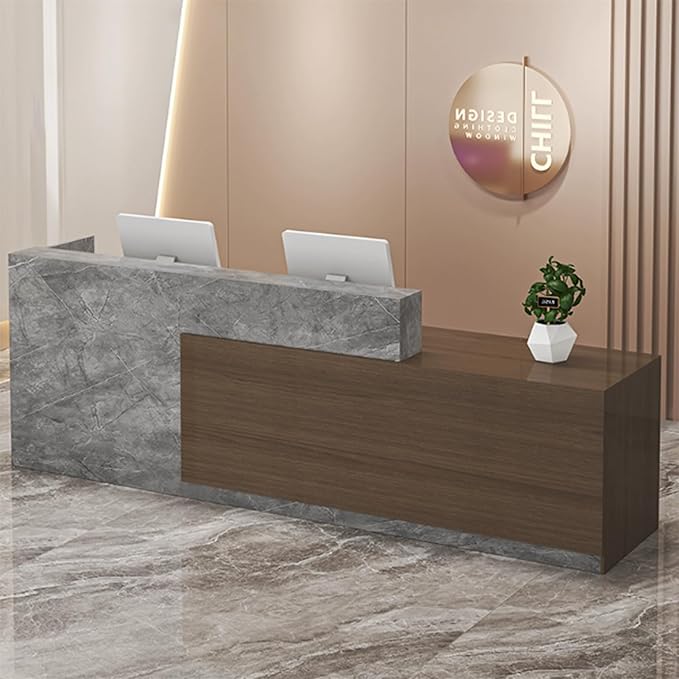 PLMOKN Wood Reception Desk Marble Stone with Checkout Retail Counter L Shaped Modern Mostrador para Negocio Office Desk Closed Front with Storage Drawers for Barber,Salon,Clothing Store
