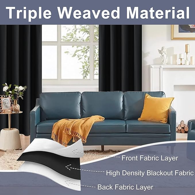 JIUZHEN Blackout Curtains for Bedroom - 70 x 84 Inch Extra Wide Privacy Assured Thermal Insulated Room Darkening Room Divider Curtain Cover for Living Room, Set of 2 Panels with Tiebacks, Black