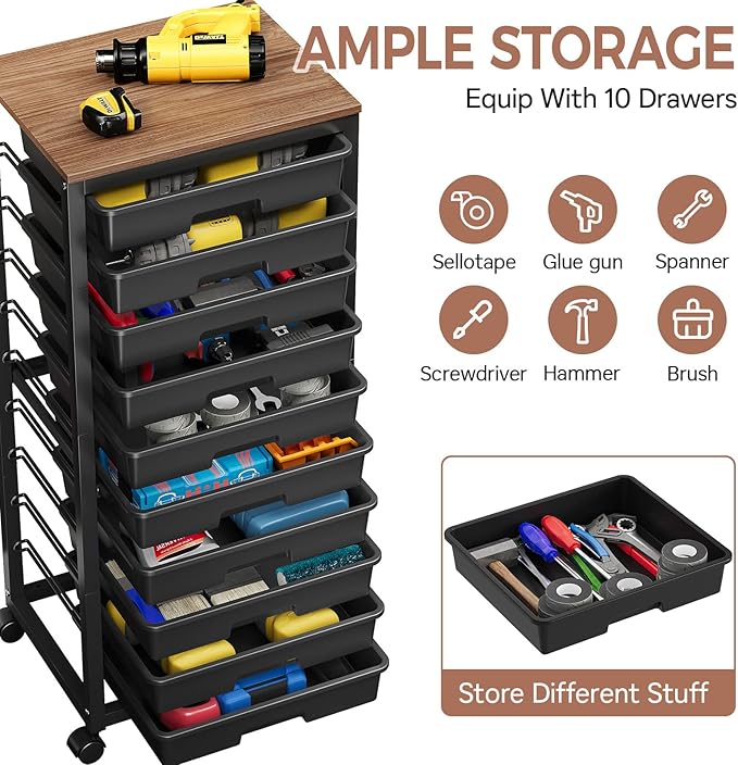 Rolling Cart with Drawers,10 Drawer Rolling Cart,Rolling storage cart with drawers,Black Rolling Drawer Cart,Teacher Rolling Cart for Classroom Storage,Craft Cart with Wooden Tabletop