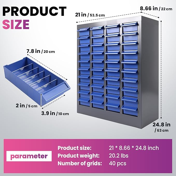 40 Drawers 21x9x25 Inch Bolt and Nut Organizer, Stainless Steel Parts Cabinet with Shelfs & Labels Bolt and Nut Tool Storage Cabinet for Workshop Tool & Hardware Storage and Organization