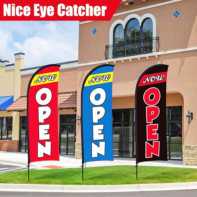 Buryeah 3 Sets Now Open Feather Flag Pole Kit for Business Advertising 7 ft Open Flag Banner Sign with Pole Kit Ground Stake and Portable Bag for Outside Ground (Multicolor)