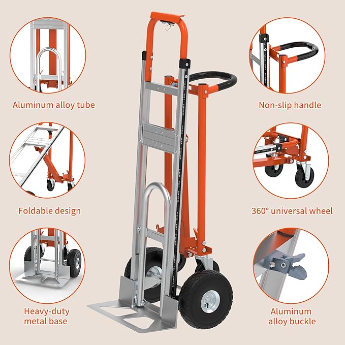 3-in-1 Folding Hand Truck, 800lbs Aluminum Convertible Hand Truck, Dolly for Moving,Heavy Duty Industrial Platform Cart Handtruck for Construction, Logistics, Shopping, Home, Office Moving (Orange)