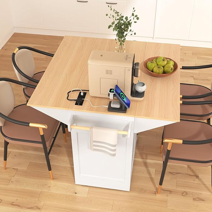 Merax 55.7" Upgraded Large Kitchen Cart Island on Wheels with 2 Drop Leaf,Power Outlet,3 Drawers,Wood Storage Cabinet