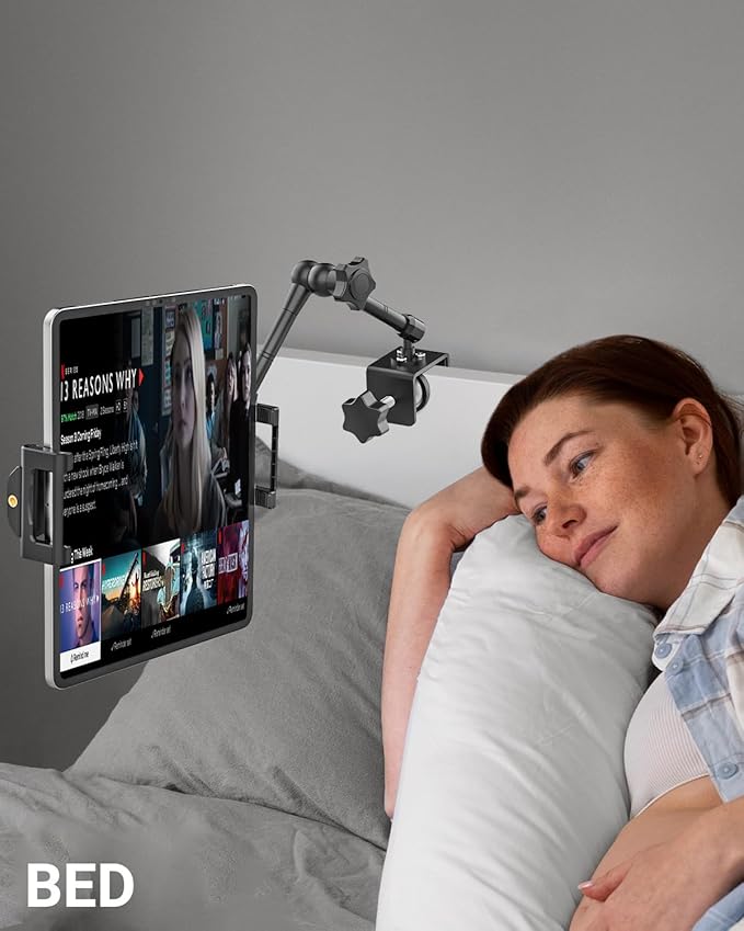Metal Kitchen Tablet Stand, Fit for 6.1-15.6" Devices, Magic Long Arm Mount for Cabinet, Desk, Table, with 360° Foldable Rotation Aluminum Holder, Compatible with iPad Pro/Air/Mini, Galaxy Tab