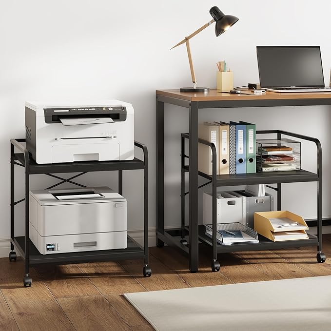 Warmiehomy 2 Tier Printer Stand with Storage, 22 Inches(55cm x 50cm) Under Desk Rolling Printer Cart with Height Adjustable Shelf, Large Printer Table for Home Office, Black