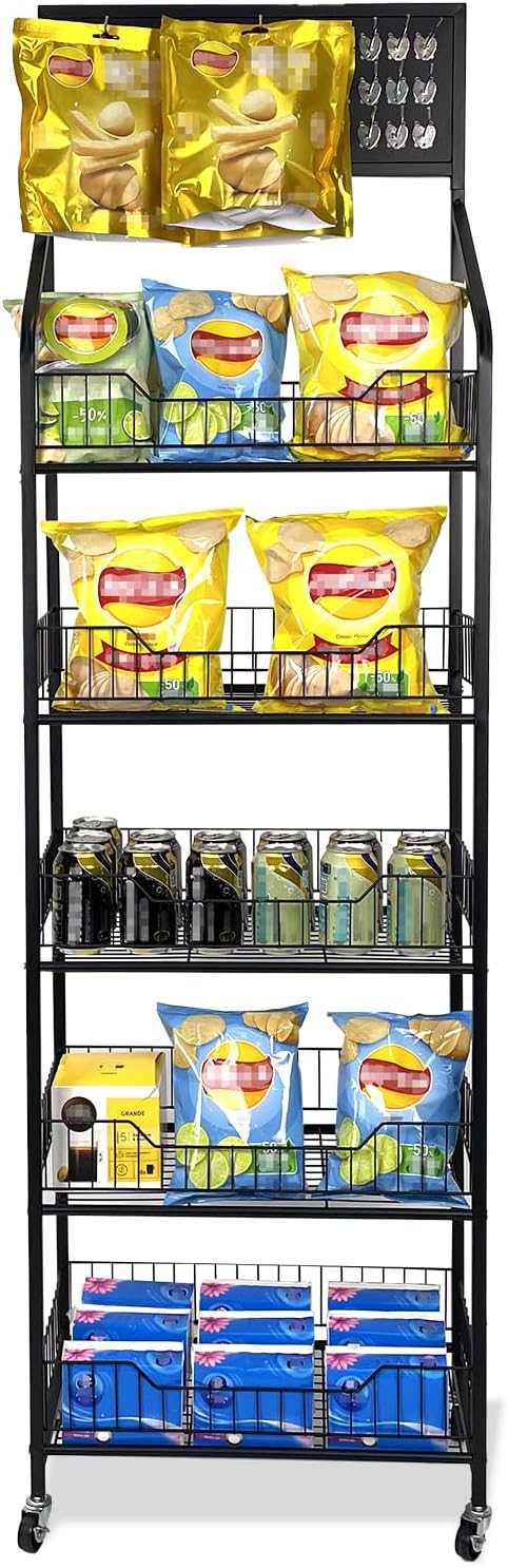 5 Tier Snack Rack Display Stand - Retail Display Shelves with Top Pegboard, 15 Hooks, Bakery Display Rack on Wheels for Easy Mobility and Organization (5 Tier - Black)