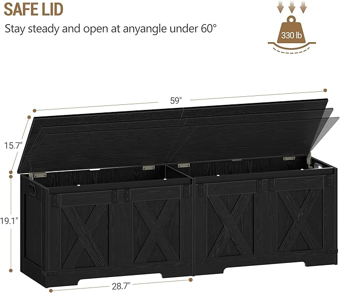 59" Storage Chest, Large Storage Trunk with 2 Hinges, Farmhouse Wooden Box Bench, Lift-Top Organizer Chest, Entryway Trunk for Bedroom, Living Room, Black SB15004X
