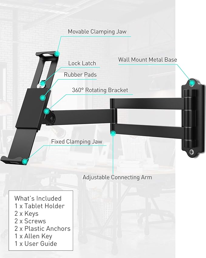 AboveTEK Tablet Wall Mount - 360° Rotation Tablet Holder Stand with Extension Arm, Anti-Theft Kitchen Mount Fits 7"-11" Tablets Including iPad Pro/Air/Mini, Galaxy Tab - Security Lock & Key - (Black)