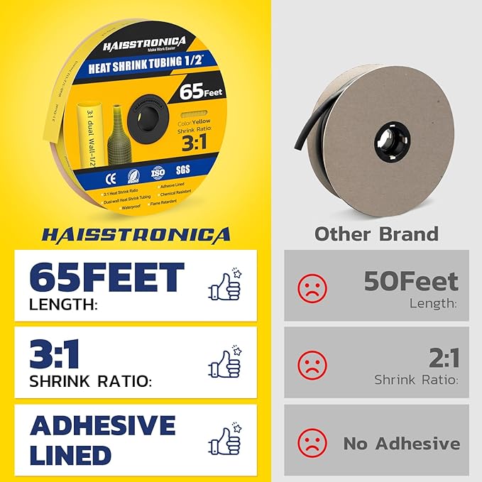 haisstronica 3:1 Heat Shrink Tubing, Shrink Ratio Adhesive Lined Marine Grade Heat Shrink Tube for Home, Automotive and Industrial (Yellow) 65FT 1/2inch
