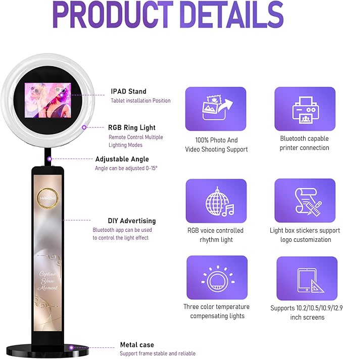 HARZHI Portable Photo Booth Compatible with Ipad, for Ipad Photo Booth Shell Stand Stand Provide Chacktok Photo Booth Software for Party and Wedding, Free Custom Logo, Flight Case