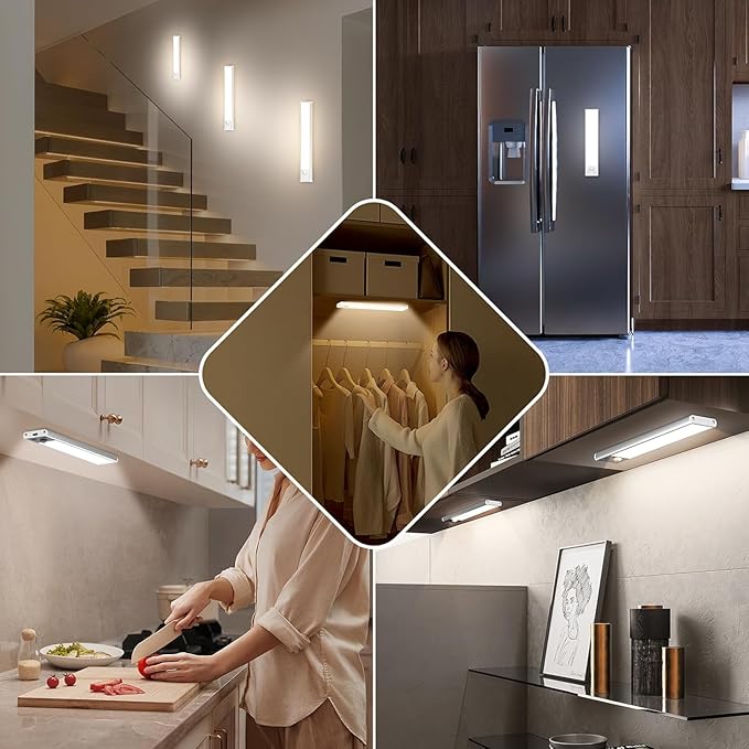 5-Pack 14'' Under Cabinet Lighting, 3200mAh Rechargeable Battery Operated Motion Sensor Lights Indoor with 108 LED&3 Color, Dimmable Wireless Magnetic Under Counter Closet Lights for Kitchen Stair