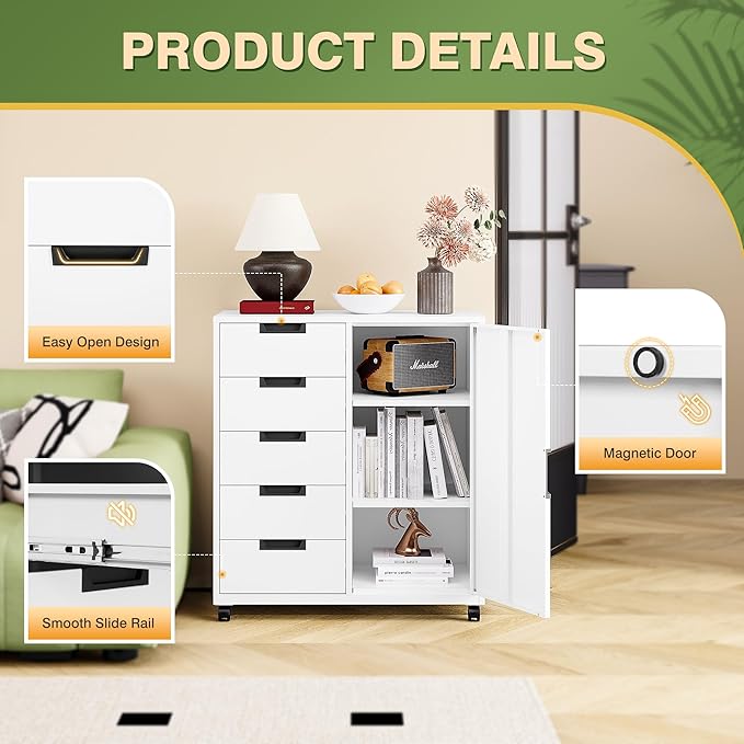 Office Storage Cabinet, 5 Drawer Metal Cabinet, Printer Stand with Storage Shelves, Mobile Storage Cabinet, Craft Storage Drawers for Home (White)