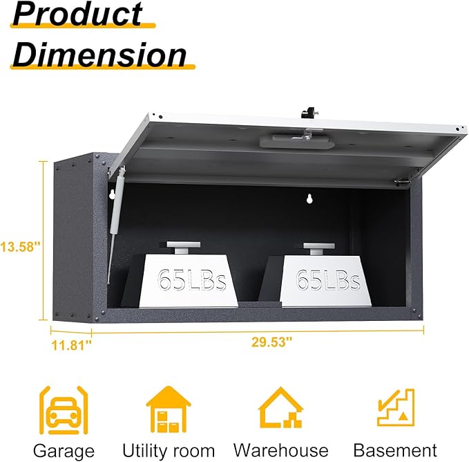 Metal Wall Mounted Cabinet with Up-flip Door, Lockable Heavy-duty Steel Wall Cabinet with lock, Floating Tool Storage Cabinet for Garage, Workshop,Warehouse, Assembly Required (Grey,13.58"H)