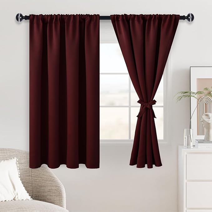JIUZHEN Blackout Curtains for Bedroom– Thermal Insulated,Noise Reducing Room Darkening Privacy Drapes for Living Room, Set of 2 Panels with Tiebacks, 46 x 54 inch Long, Burgundy