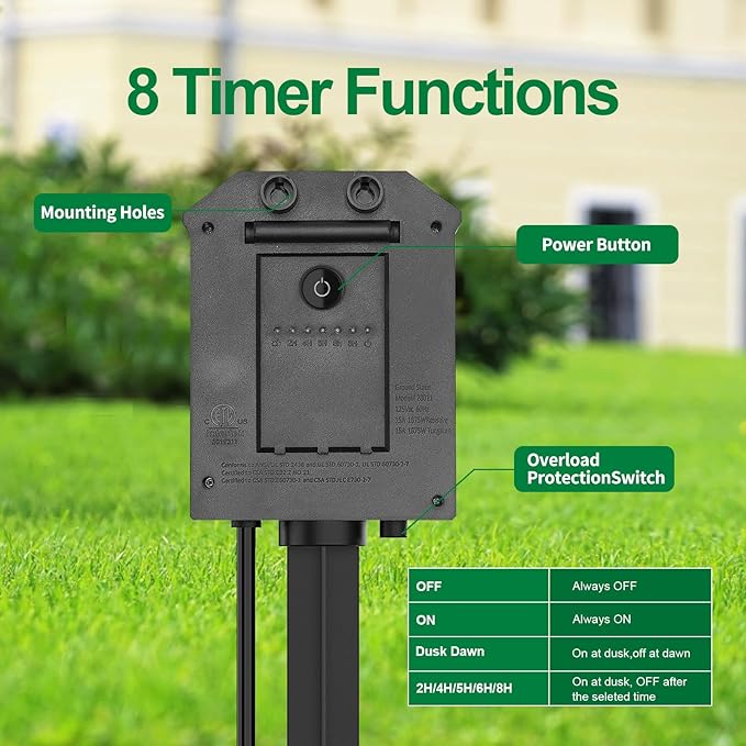 Outdoor Power Strip with 100FT Extension Cord, 100FT Remote Control, Dusk to Dawn Light Timer Waterproof, 6 Grounded Outlets for Yard, Pool and Garden, ETL Listed