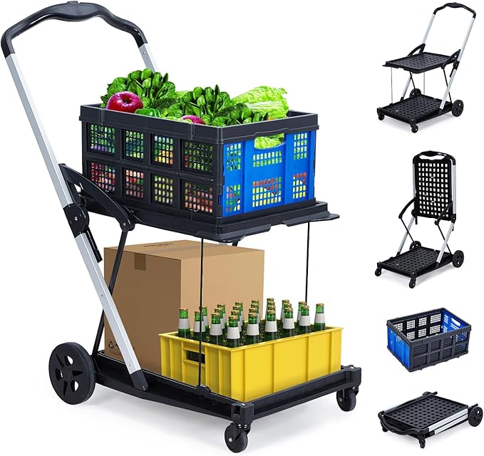 Heavy-Duty 2-Tier Folding Utility Cart with Wheels – Collapsible Shopping Trolley – Removable Storage Crate, 198 lb Capacity, Lightweight Portable Aluminum, Outdoor Garden Yard Wagon – Blue