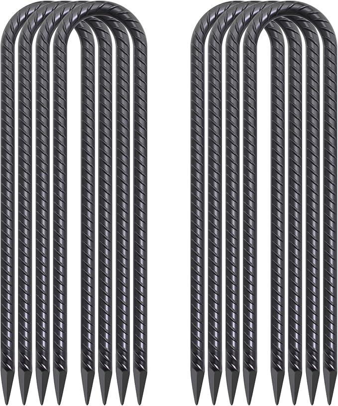 Trampoline Anchors 18 Inch, 1/2 Inch Diameter U Shaped Wind Stakes Heavy Duty Rebar Tent Stakes Chain Link Fence Spikes for Swing Set Soccer Goal Black Coated (8 Pack)