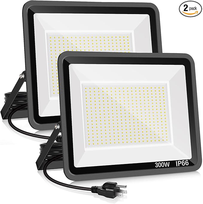 2 Pack 300W Warm White Led Flood Lights Outdoor,3000K Super Bright 43500LM Security Lights with Plug,Exterior IP66 Waterproof FloodLight for Basketball Court, Yard, Garden, Playground