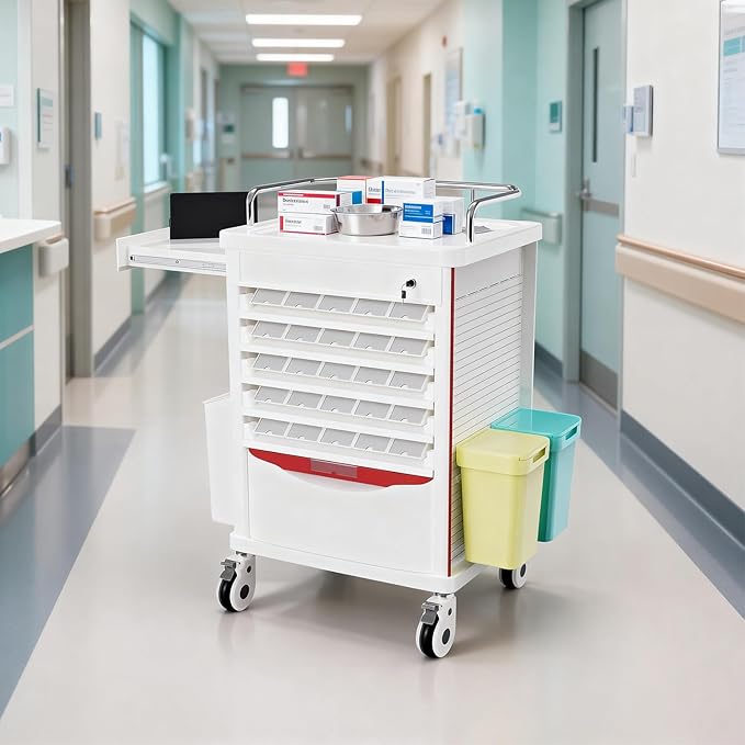 Medication Bins Cart with 200 Bins, 10 Drawers - Dual-Sided Open, 50 Medicine Boxes, Hidden Sub Workbench, Silent Casters, Container, 2 Trash Bin-Medical Crash Cart for Clinic, Hospital and Lab