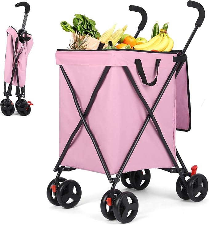27 Gal/180 LBS Capacity Shopping Cart, Upgrade Huge Grocery Cart on Wheels,Heavy Duty Foldable Utility 360° Rolling Swivel Wheels for Shopping Picnic Groceries Laundry (Rose)