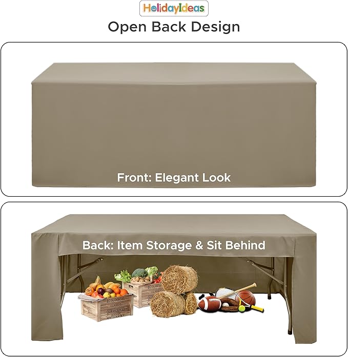 HolidayIdeas Open Back Fitted Tableclothss for 8 Foot Rectangle Table, Wrinkle Resistant Washable Table Covers 96x30 Inch for Craft Fairs, Banquets, Trade Show Display, Taupe,4 Pcs