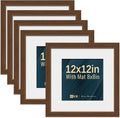 VCK 12x12 Picture Frame 5 Pack - Brown, High-End Wood Poster Frames with Tempered Glass, Display 8x8 Photo with Mat or 12x12 without Mat, Art Gallery-Quality, Wall Hanging, Brown