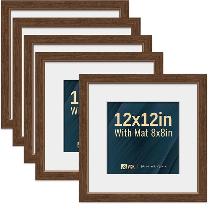 VCK 12x12 Picture Frame 5 Pack - Brown, High-End Wood Poster Frames with Tempered Glass, Display 8x8 Photo with Mat or 12x12 without Mat, Art Gallery-Quality, Wall Hanging, Brown