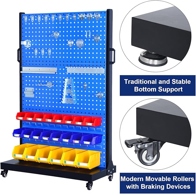 Heavy Duty Metal Shelving Unit, Mobile Garage Storage Rack with Adjustable Shelves, Tool Hooks & Organizer Bins for Screw, Bolt & Parts Organization