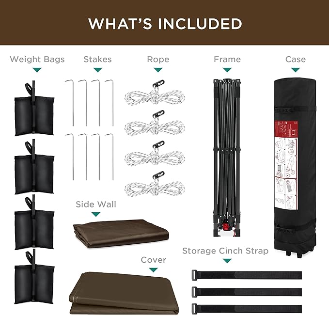 Best Choice Products 10x10ft Easy Pop Up Canopy w/Side Wall, 10 Pockets, Portable Carrying Case, 1-Button Setup, 4 Weight Bags - Brown