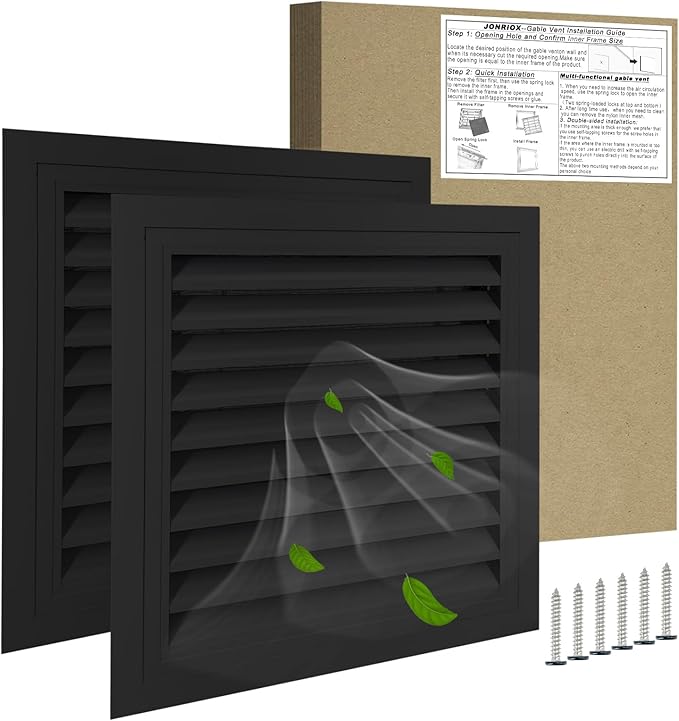 20"*20" Gable Vent,Aluminum Alloy Wall Vent Shed Vents,with Removable Strainer and 180 Degree Opening Angle.Ideal for Attic,Shed,Garage,Play House,Coop.[Inside Dimensions:17.7"w X 17.7"h]-Black 2 Pack