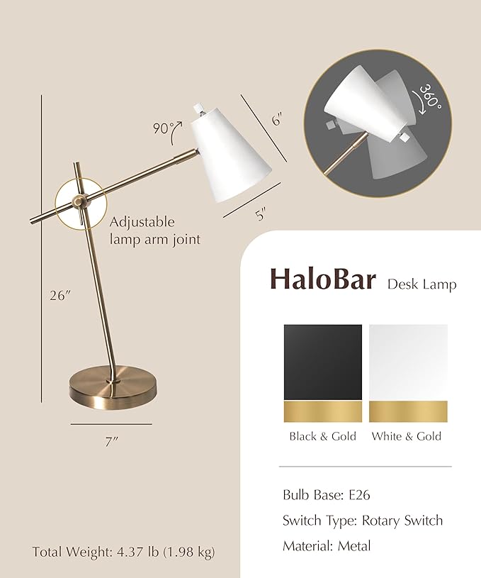 HarvestLand HaloBar Brass Desk Lamp Home Office – White Industrial Table Lamp with Solid Base for Office, Reading Lamps for Bedside Table, Study and Reading Task Lamp, Christmas Gifts for Adults