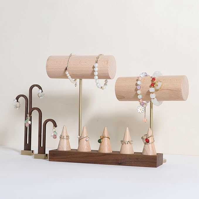 GemeShou Wood Bracelet Display Holder, White Jewelry watch organizer for selling, Retail Bangle Rack T Bar Stand Photo props【Beech Brass Bracelet Holder-High】