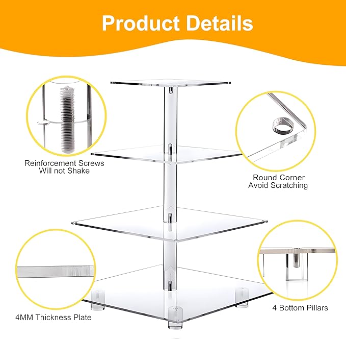 YestBuy 4 Tier Cupcake Stand Acrylic Tower Display with LED Light Premium Holder Dessert Tree Tower for Birthday Cady Bar Décor Weddings, Parties Events (Yellow Light)
