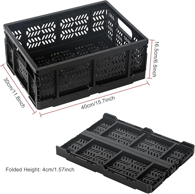 Heavy Duty Plastic Milk Crates for Storage, 4-Pack Stackable Storage Bins for Organizing, Collapsible Storage Basket with Handle for Groceries, Suitable for Home Office School Store, Black