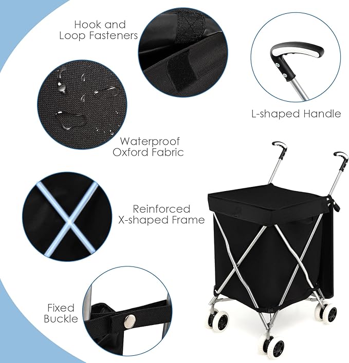 Goplus Folding Shopping Cart with Wheels, Grocery Cart with Removable Oxford Cloth Liner, Lightweight Utility Cart for Groceries Laundry Black