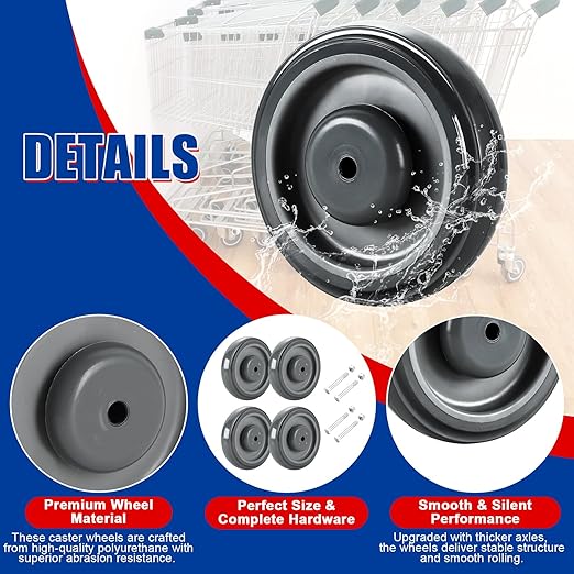 Shopping Cart Replacement Wheels Kit 8-Pack, 5" TPU Silent Supermarket Casters with Double Ball Bearings, Durable Replacement for Grocery Carts (Grey)