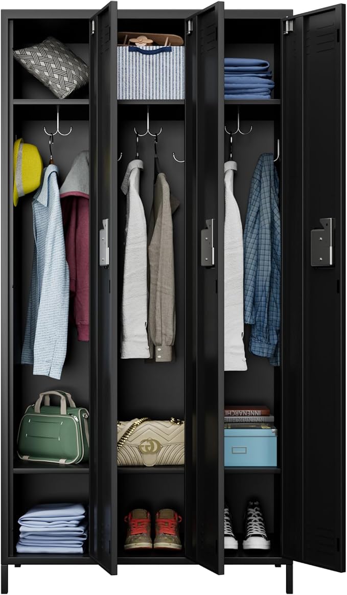 Aobabo Metal Lockers for Employees, 3 Doors Storage Locker with 9 Hooks for Office Home, Black, Assembly Required