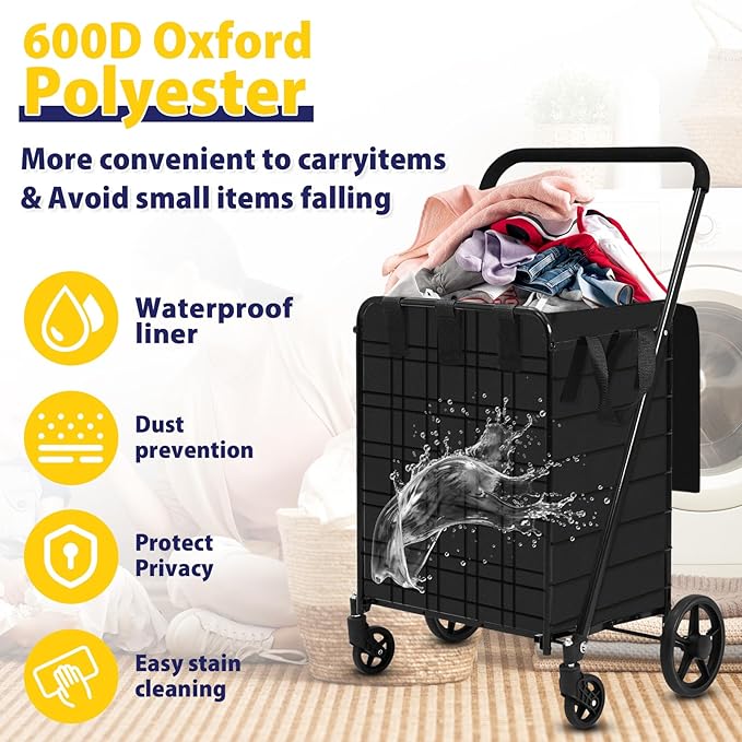 Shopping Cart for Groceries, 396 LBS Super Capacity Folding Utility Cart with Waterproof Liner, 360° Rolling Swivel Wheels Collapsible Cart, Heavy Duty Trolley for Laundry, Groceries (Jumbo+Bag)