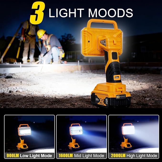 Cordless LED Work Light Compatible with DeWalt 20V Battery, 2000LM Portable Handheld Flashlights Tool with USB Port and 3 Brightness Modes for Camping, Fishing, Job Site, Indoor & Outdoor Use