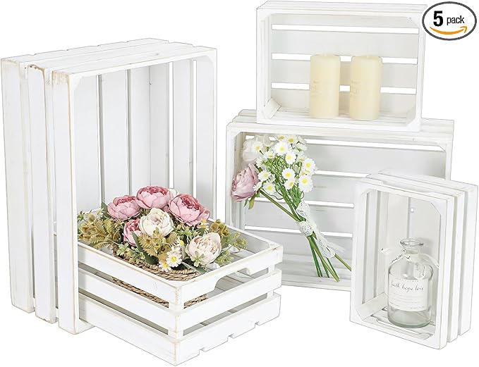 Large Wooden Crates, Set of 5 Wood Crates with Handles, Rustic Whitewashed Farmhouse Wooden Crate for Display, Wedding Birthday Home Party Living Room Kitchen Decoration