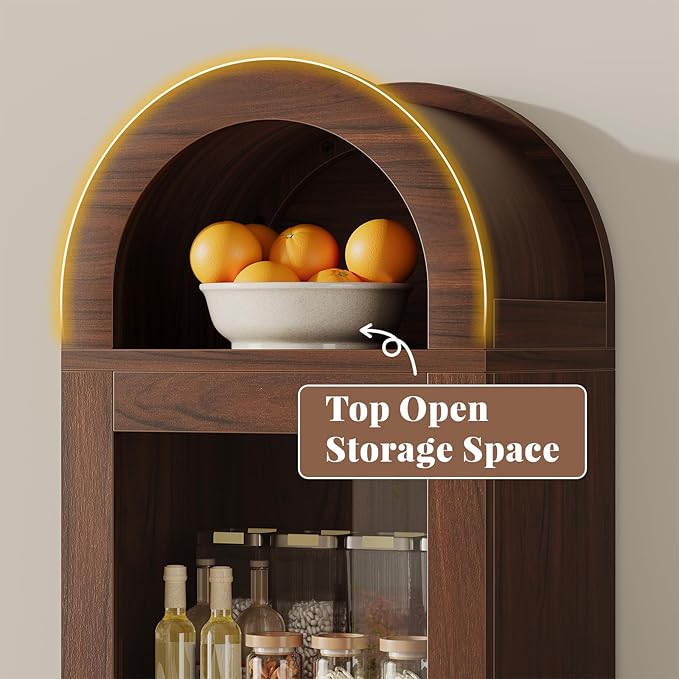 71” Tall Arched Pantry Cabinet with Glass Door, Display Cabinet Organizer, Versatile Pantry with Top-Opening Storage Container for Living, Kitchen Dining Room, Brown