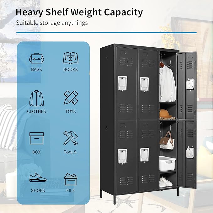 6 Doors Locker Storage Cabinet, Metal Locker for Employees, 72" Tall Lockers for Office School Gym Home, Require Assembly (Black)