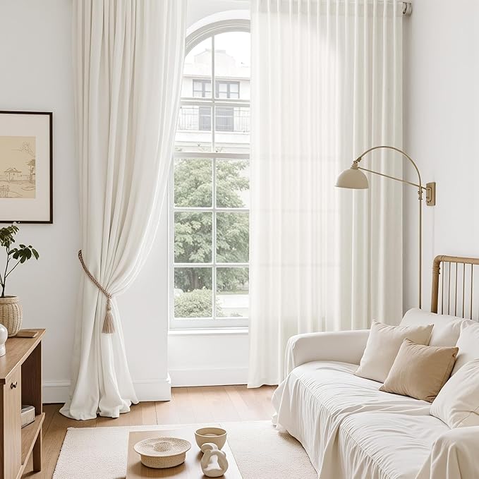 Neutral Linen Curtains 45 Inch Length for Living Room Bedroom Semi Sheer Light Filtering Sheer Curtain Modern Farmhouse Decor Privacy Drapes for Dinner Room Back Tab and Rod Pocket 52x45, 2 Panels