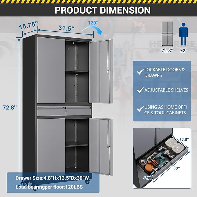 73" Metal Cabinet-Black&Gray Heavy Duty Rolling Storage Cabinet Steel Tool Cabinets with Wheels, Shelves, Lockable Doors and Drawers- for Garage, Pantry, Warehouse - Assembly Required